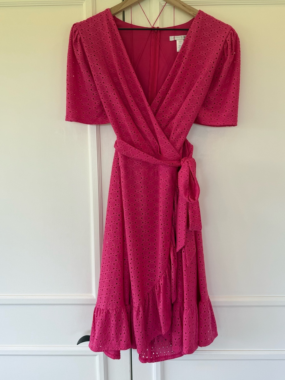 London Times Ruffle Wrap dress in pink eyelet, size 16